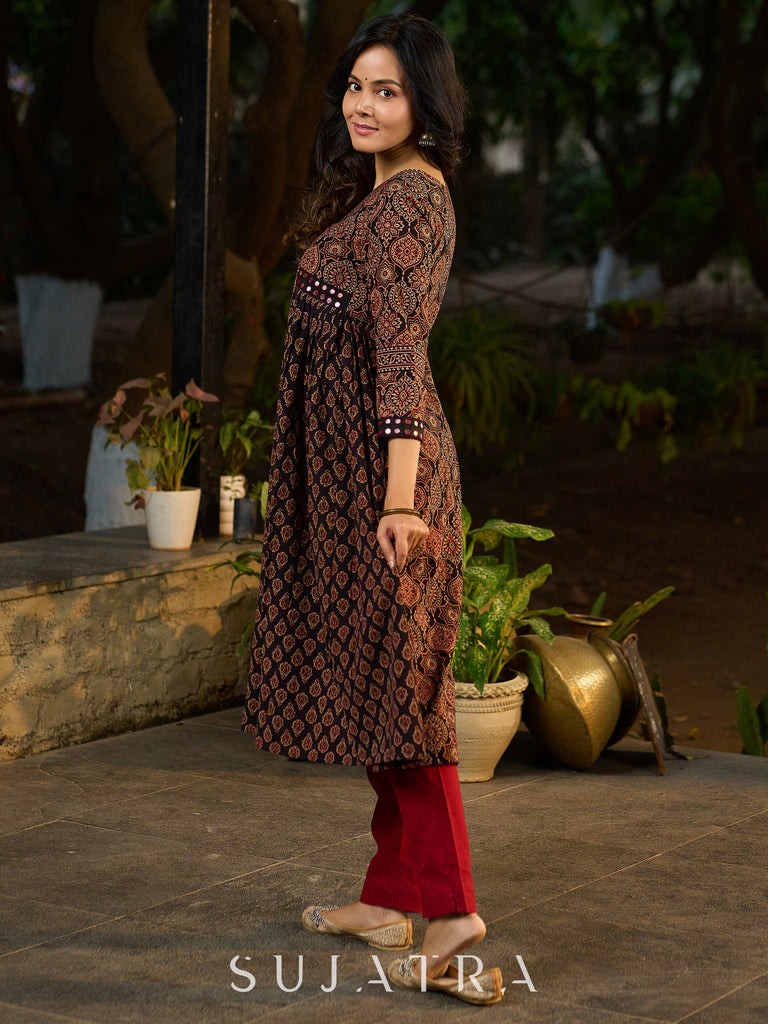 Black Ajrakh Kurta Adorned with Side Gathers and Delicate Mirror Highlights