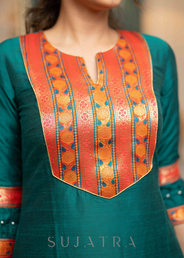 Beautiful Teal Cotton Silk Kurta With Brocade Yoke And Pant  - Dupatta Optional