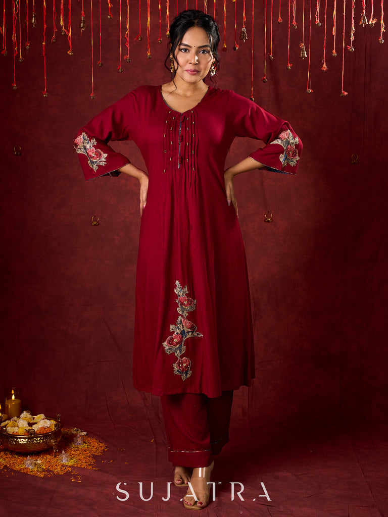 Elegant kurta in soft maroon rayon with handcrafted appliqué detailing pant n dupatta optional