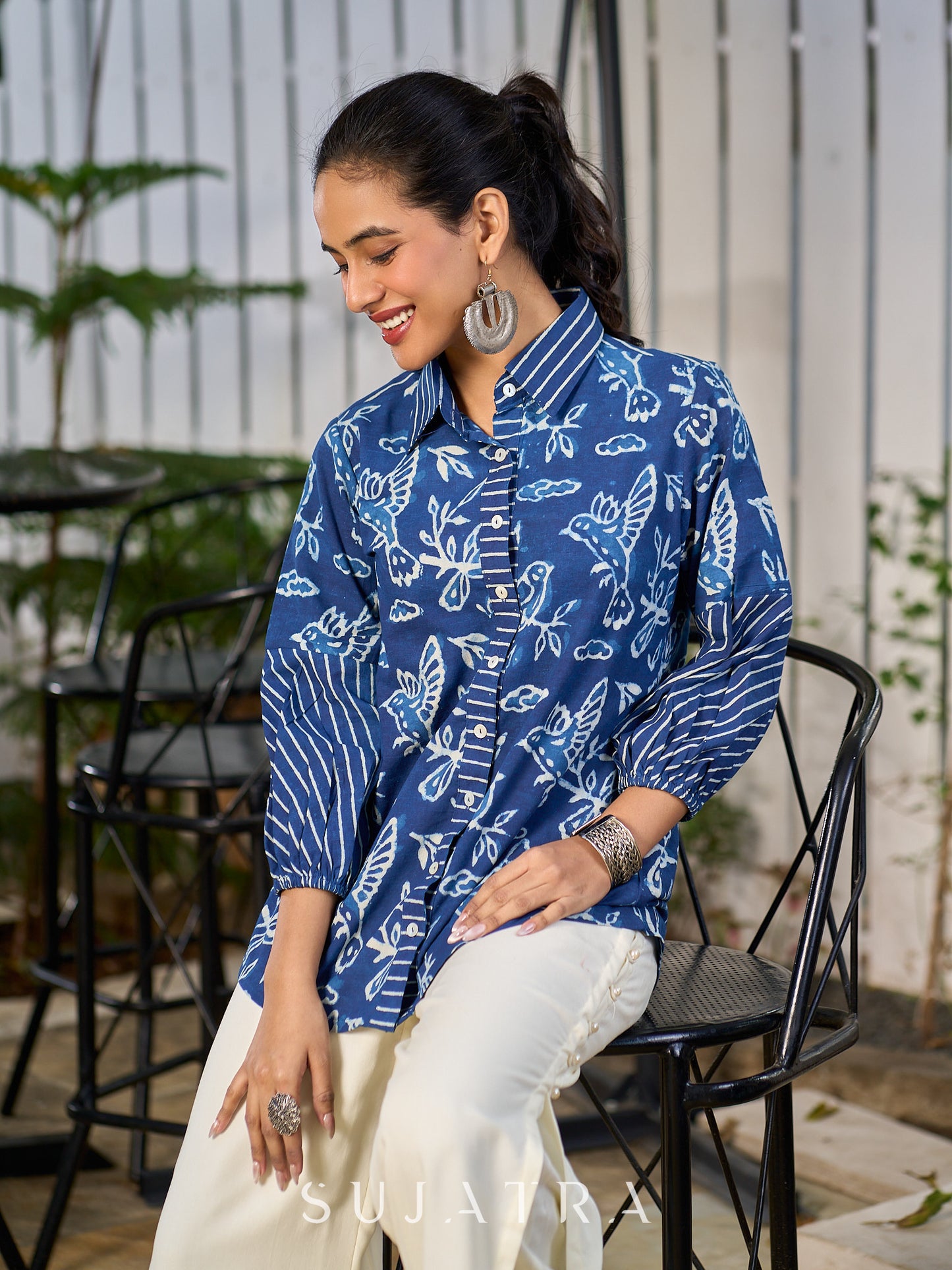Heritage Indigo Bird Motif Cotton Shirt with Handcrafted Details