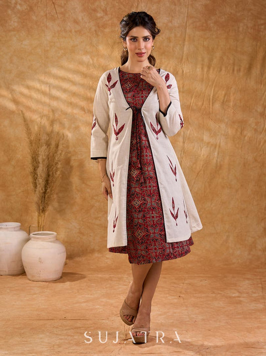 Timeless Off White Cotton Open Front Long Jacket with Ajrakh Applique and Tassel Detail
