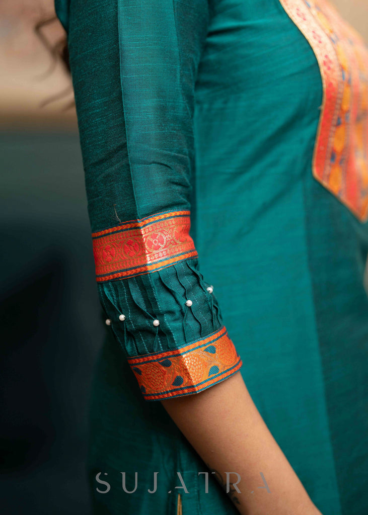 Beautiful Teal Cotton Silk Kurta With Brocade Yoke And Pant  - Dupatta Optional
