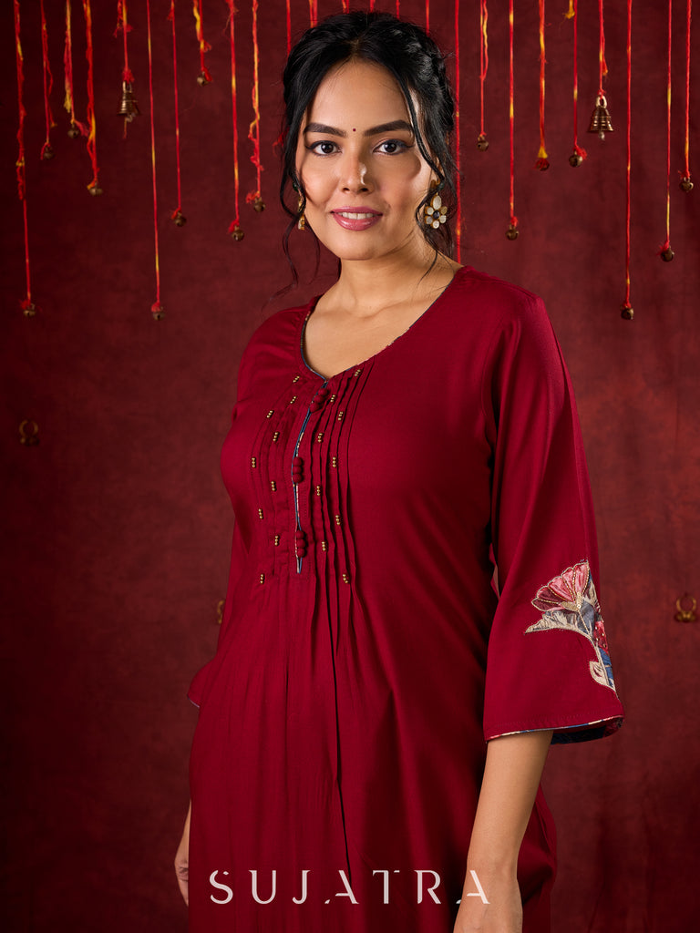 Elegant kurta in soft maroon rayon with handcrafted appliqué detailing pant n dupatta optional