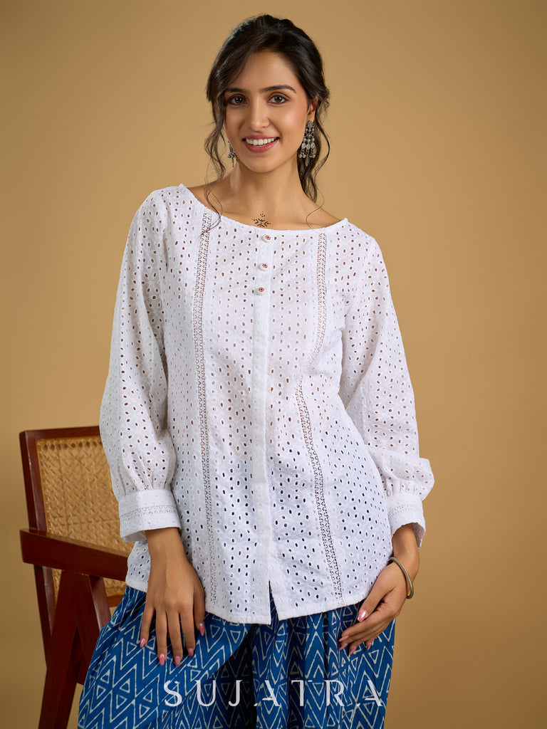 White hakoba cotton top - light ,elegant,and always in style - Indigo pant optional