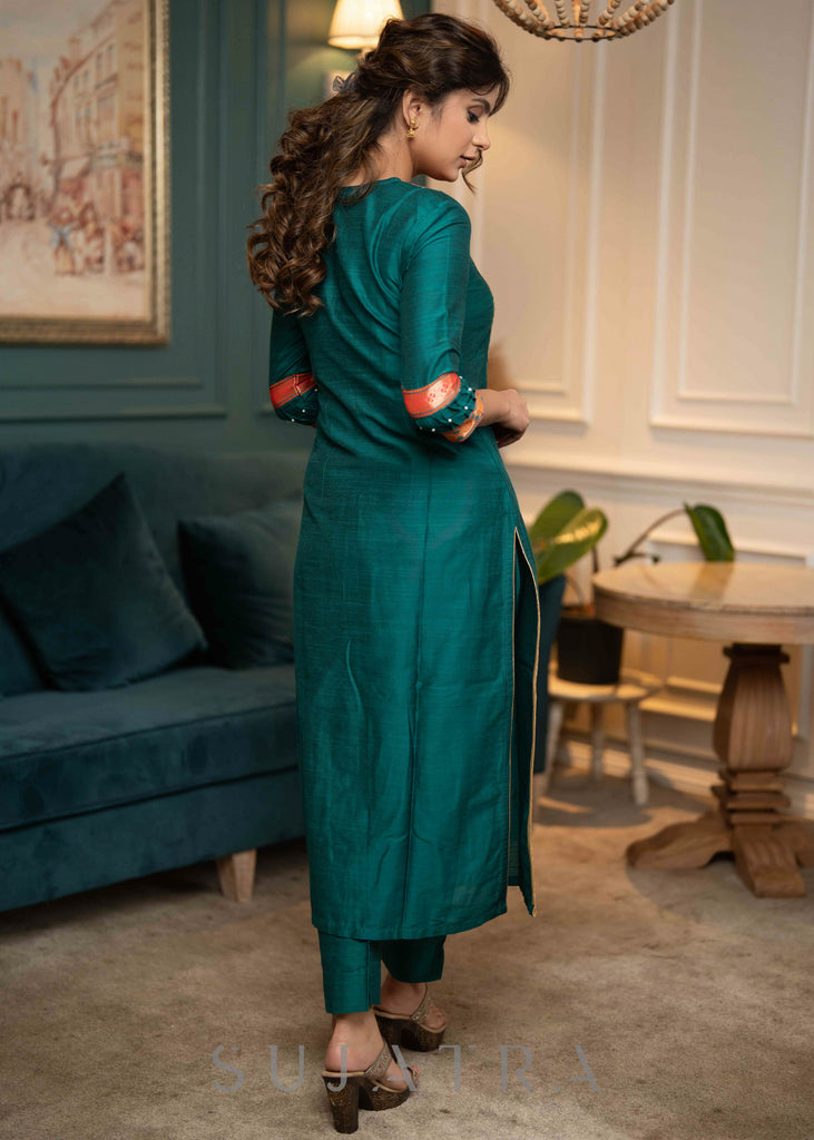 Beautiful Teal Cotton Silk Kurta With Brocade Yoke And Pant  - Dupatta Optional