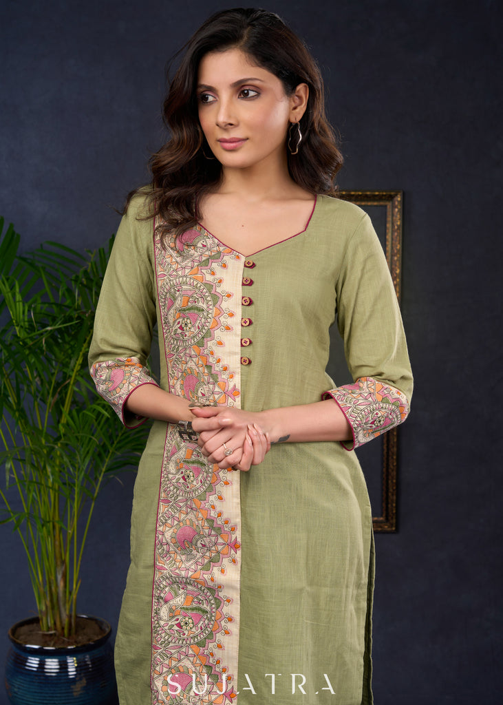 Pista Cotton Tunic Featuring Vibrant Madhubani Prints