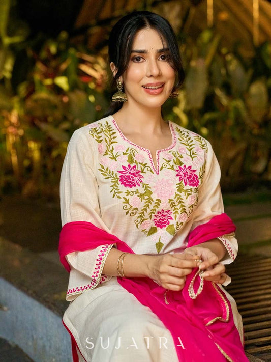 Graceful White Cotton Kurta Adorned with Striking Kashida Embroidery