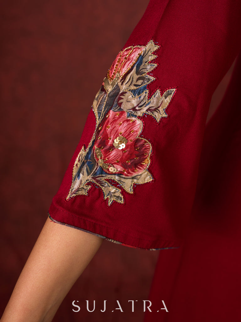 Elegant kurta in soft maroon rayon with handcrafted appliqué detailing pant n dupatta optional