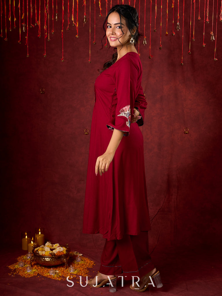 Elegant kurta in soft maroon rayon with handcrafted appliqué detailing pant n dupatta optional