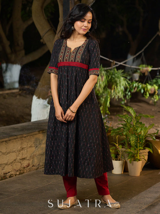 Black Ikat Weave Kurta Featuring Artisan Ajrakh Yoke