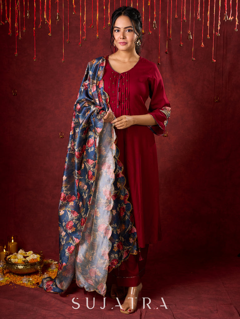 Elegant kurta in soft maroon rayon with handcrafted appliqué detailing pant n dupatta optional