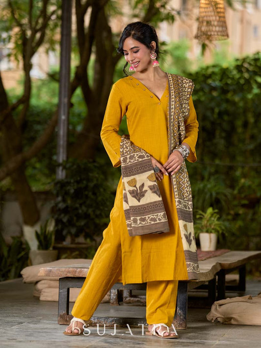 Bright Mustard Cotton Kurta with Classic V Neckline