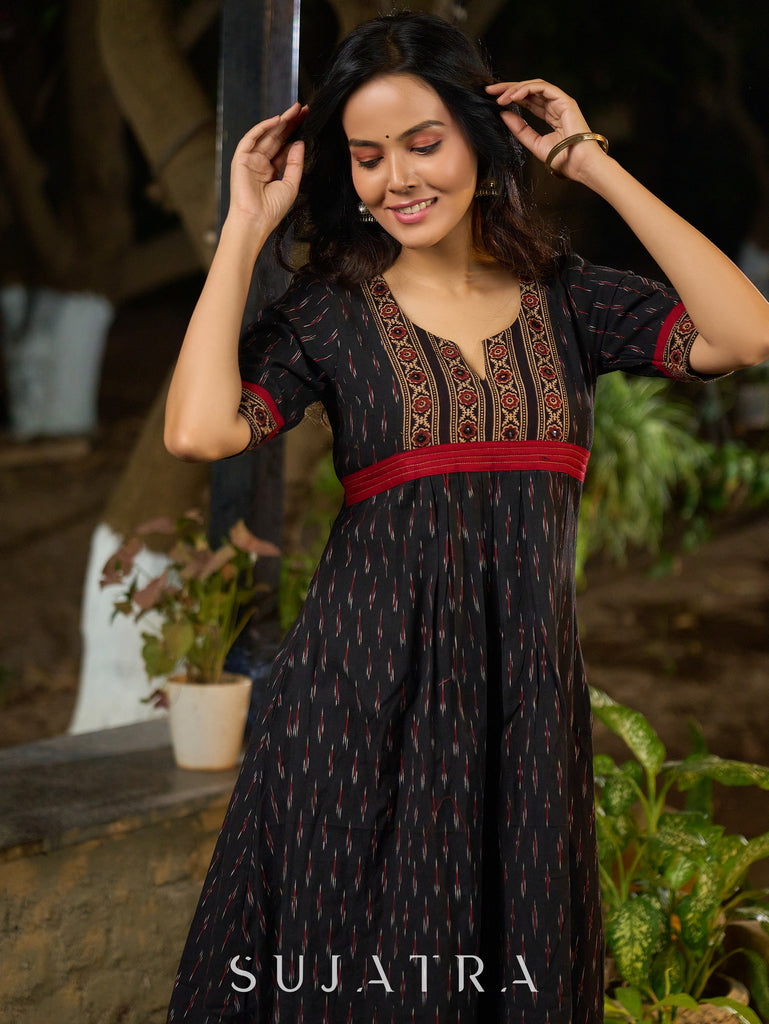 Black Ikat Weave Kurta Featuring Artisan Ajrakh Yoke