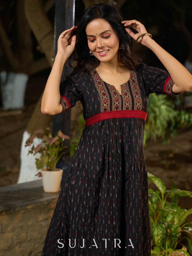 Black Ikat Weave Kurta Featuring Artisan Ajrakh Yoke