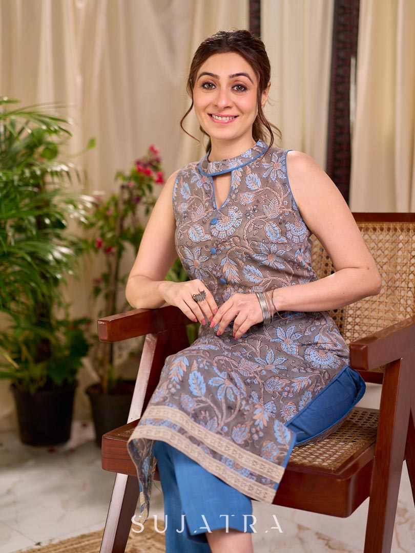 Misty Grey-Blue Floral Hand Block Print Mul Cotton Kurta with Halter Neck and Lace Hem Border