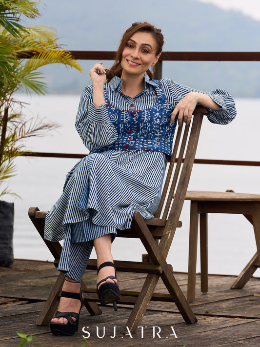 Indigo Printed Sleeveless Jacket with Maroon accents and Open-Front Design - Kurta optional