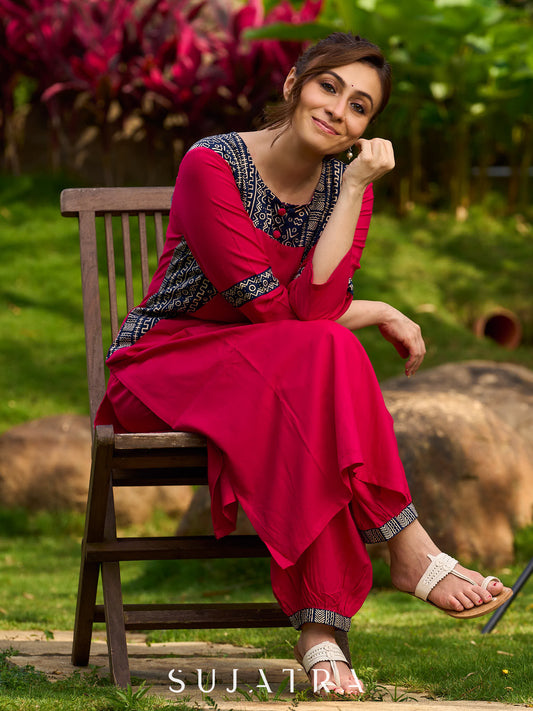 Magenta Rayon Kurta with Blue Printed Viscose Panel Detailing