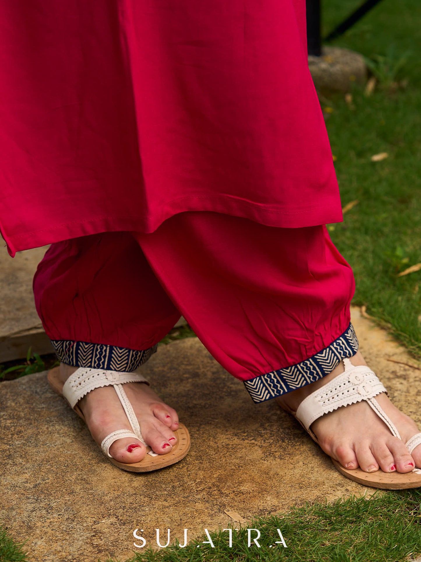 Magenta Rayon Kurta with Blue Printed Viscose Panel Detailing