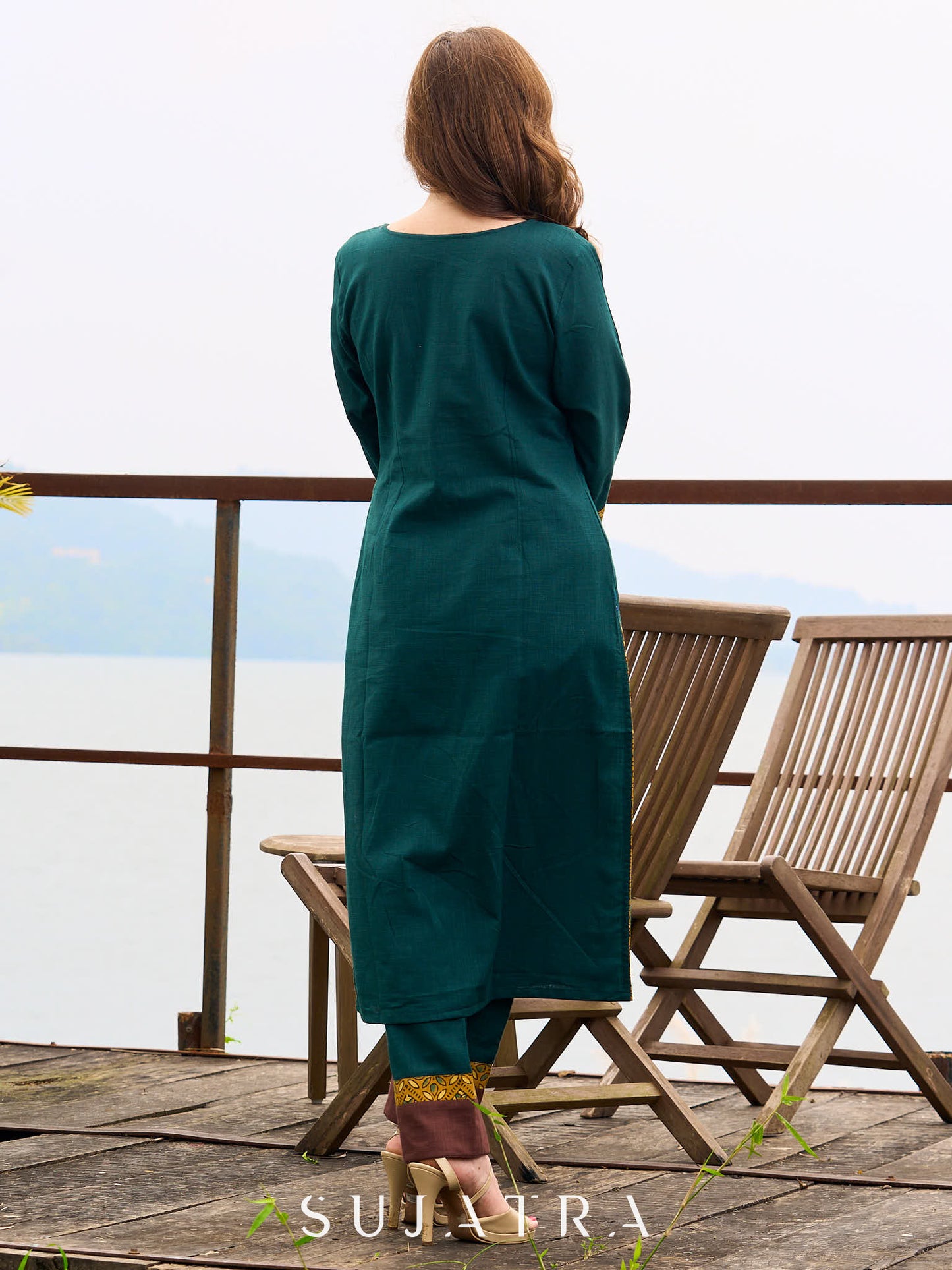 Artisanal Teal Cotton Kurta featuring Contrast Mustard Ajrakh Print Panel