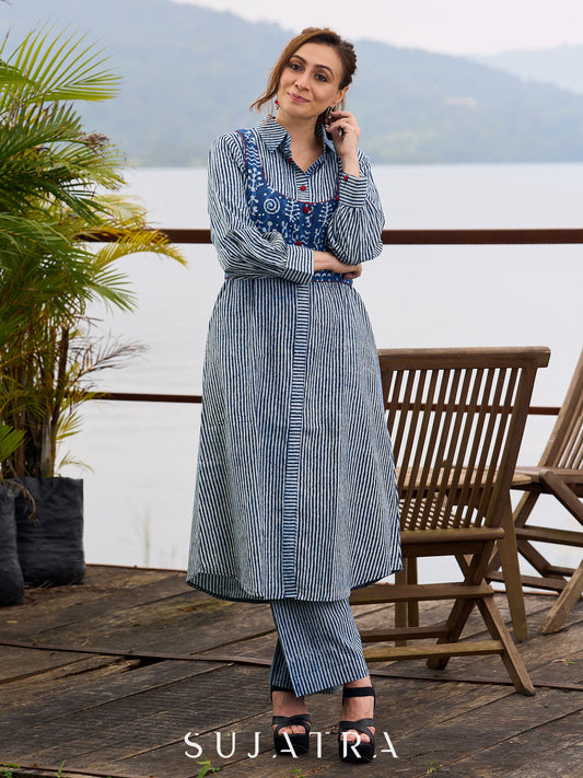 Classic Indigo A-Line Kurta with Vertical Stripes and Front Button Detailing - Jacket Optional