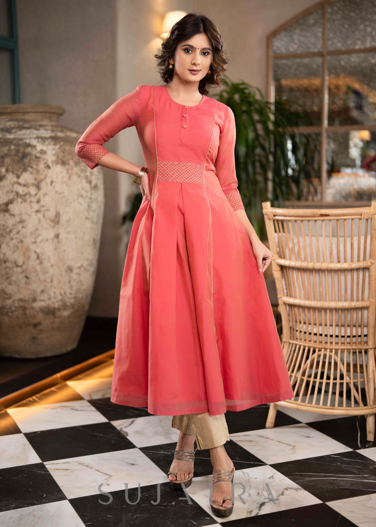 Stylish Fuchsia Pink Chanderi Kurta With Gold Detailing - Pant Optional