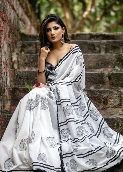 Exclusive block printed Ajrakh & rust chanderi pleats combination saree