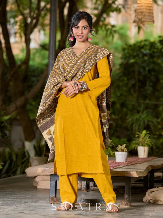 Bright Mustard Cotton Kurta with Classic V Neckline