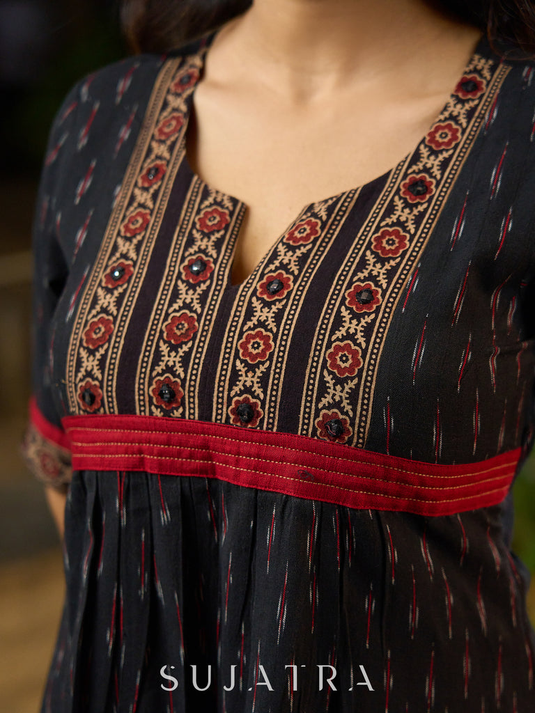 Black Ikat Weave Kurta Featuring Artisan Ajrakh Yoke
