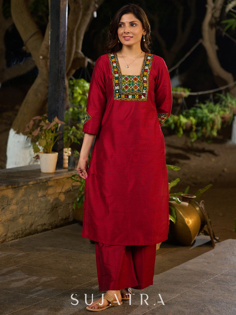 Maroon Silk Elegant Kurta with Subtle Mirror Detailing