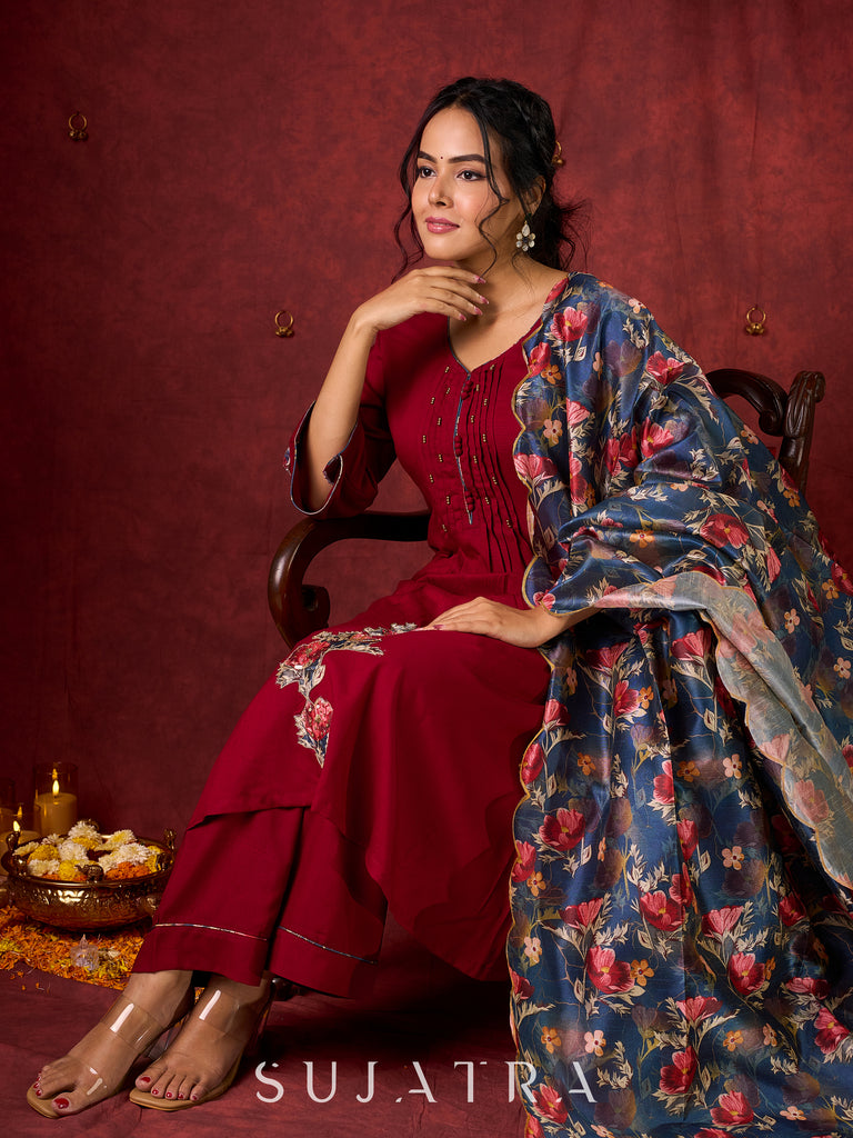 Elegant kurta in soft maroon rayon with handcrafted appliqué detailing pant n dupatta optional