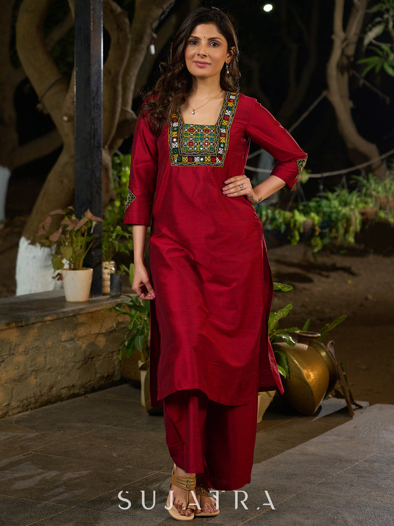 Maroon Silk Elegant Kurta with Subtle Mirror Detailing