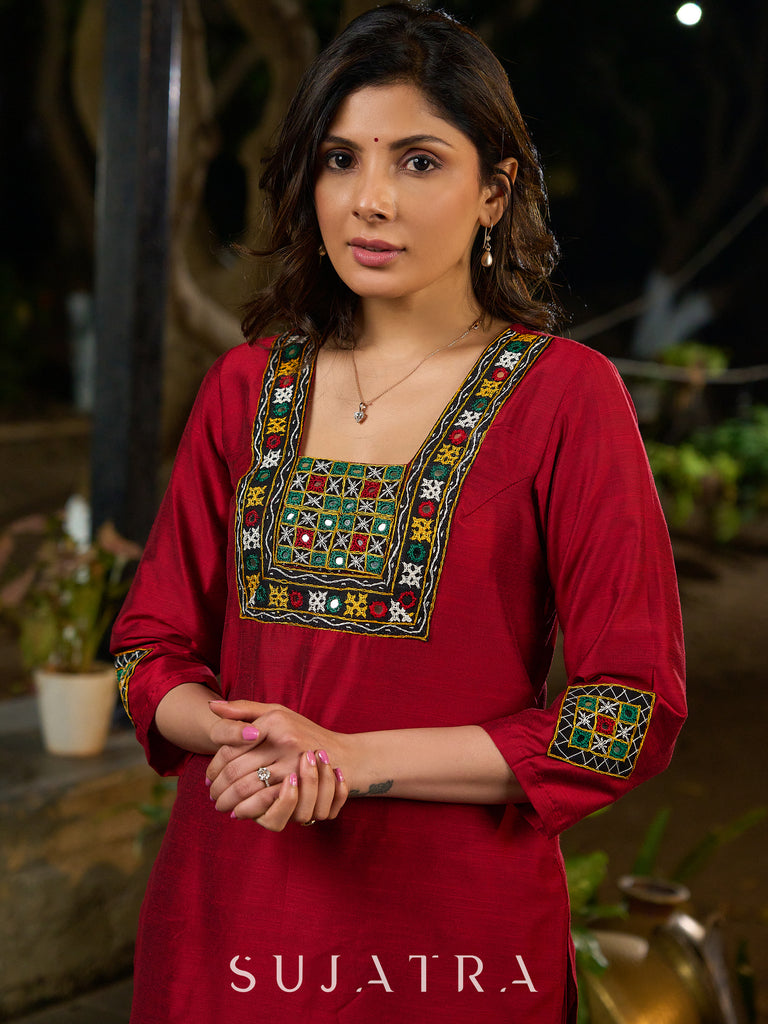 Maroon Silk Elegant Kurta with Subtle Mirror Detailing