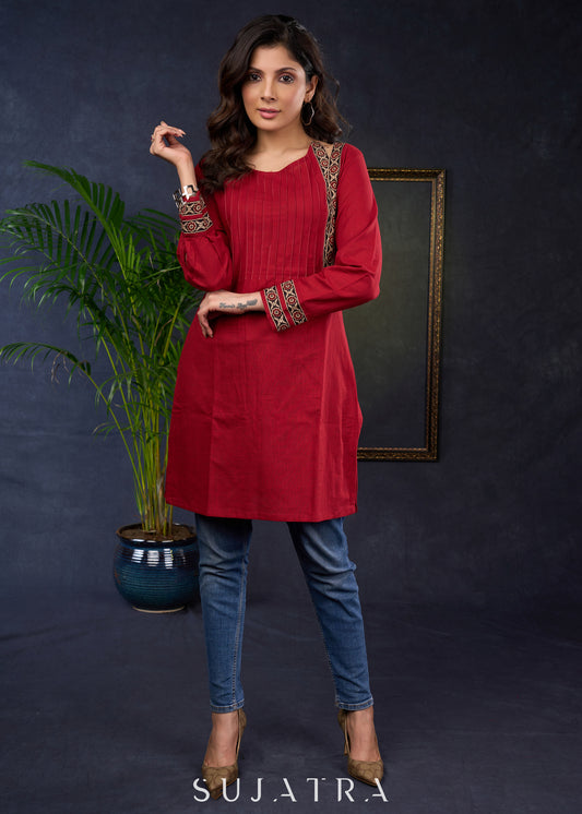 Maroon Cotton Tunic With Stylish Pin Tucks And Vibrant Ajrak Patterns.