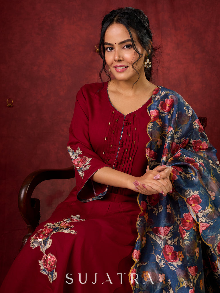 Elegant kurta in soft maroon rayon with handcrafted appliqué detailing pant n dupatta optional
