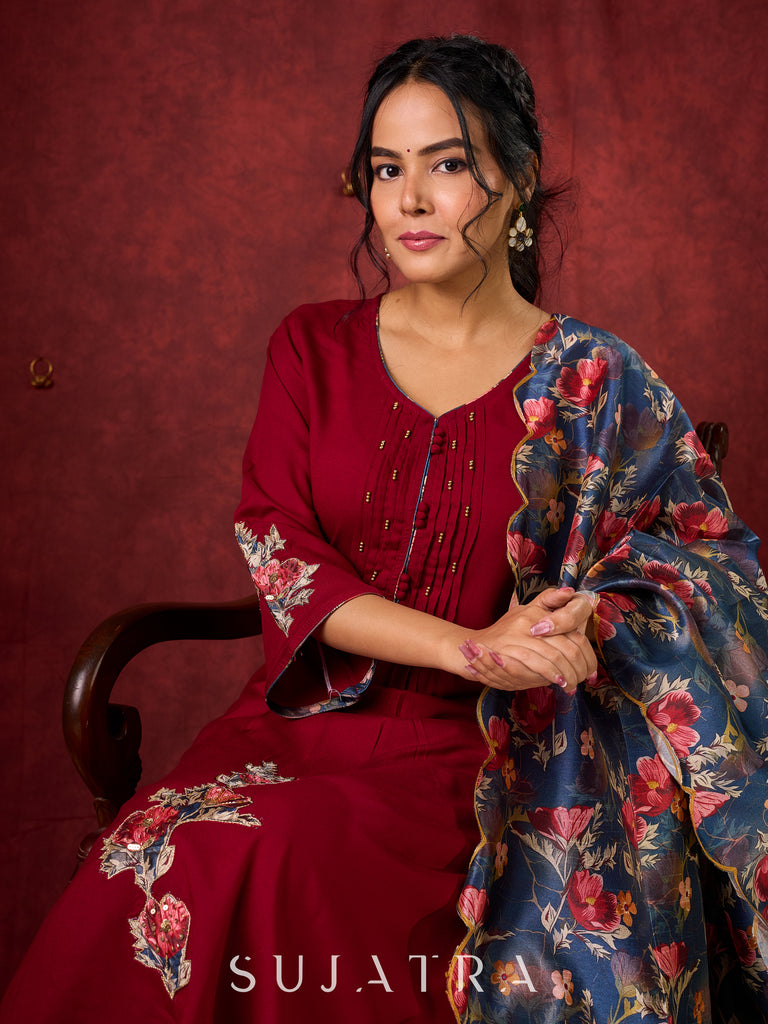 Elegant kurta in soft maroon rayon with handcrafted appliqué detailing pant n dupatta optional