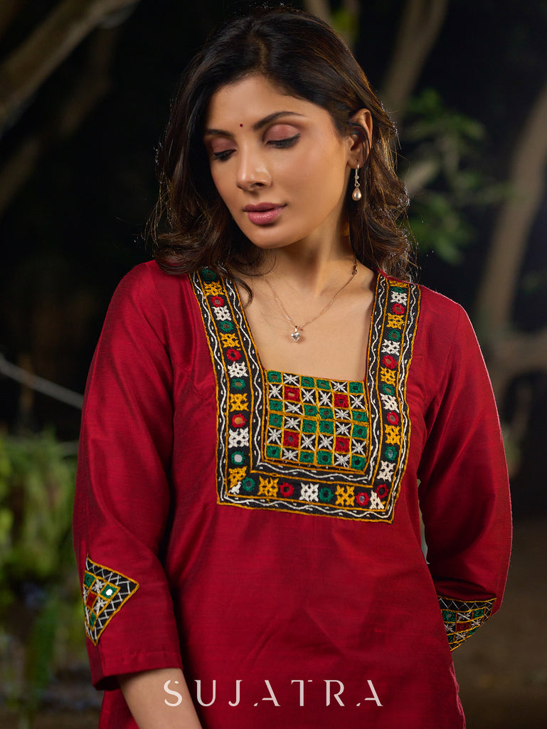 Maroon Silk Elegant Kurta with Subtle Mirror Detailing