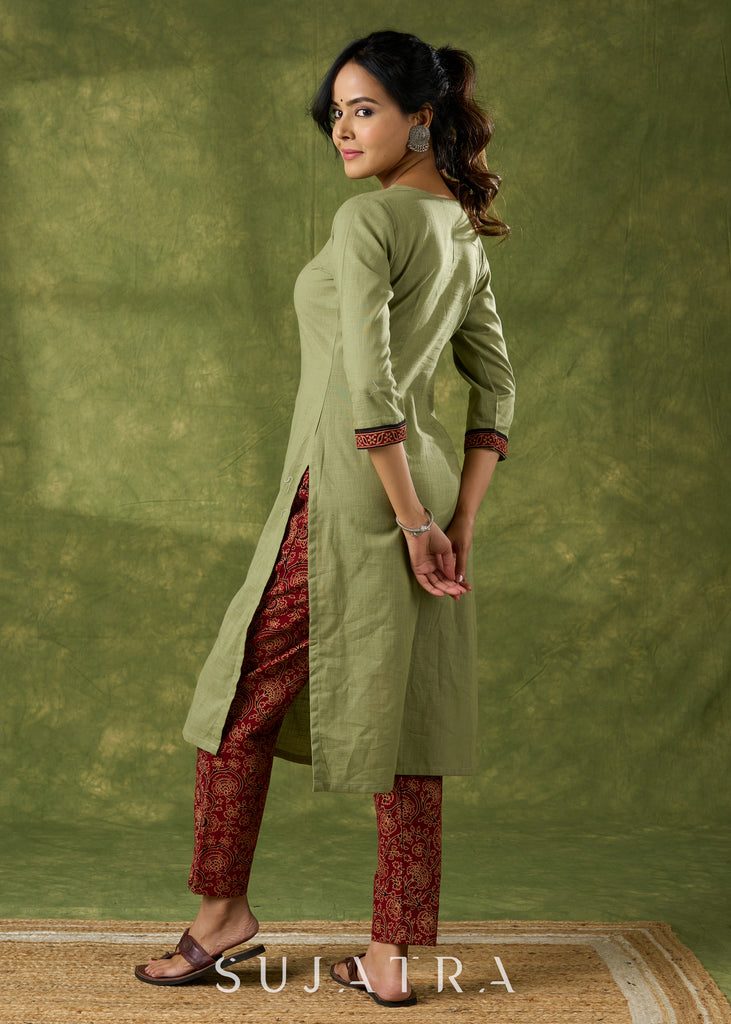 Dark Pista Cotton Ajrakh Combination Kurta - Pant Optional