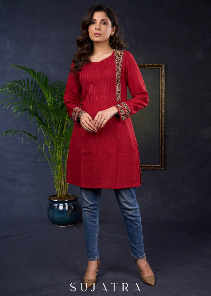 Maroon Cotton Tunic With Stylish Pin Tucks And Vibrant Ajrak Patterns.