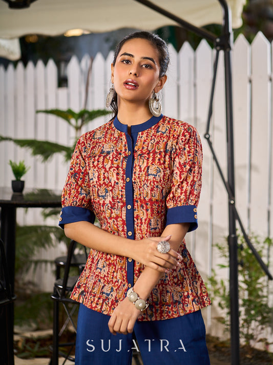 Maroon Handcrafted Kalamkari Print Cotton Shirt with Blue Highlights