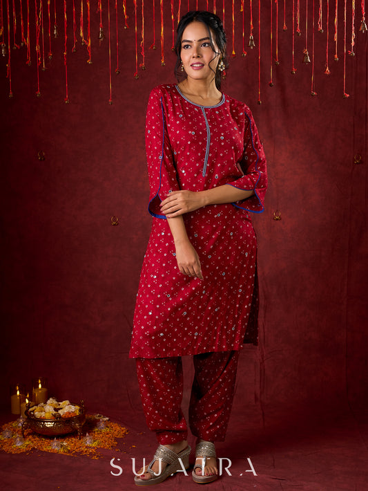 Hand-Embroidered Rayon Bandhani Kurta - Salwar n applique dupatta optional.