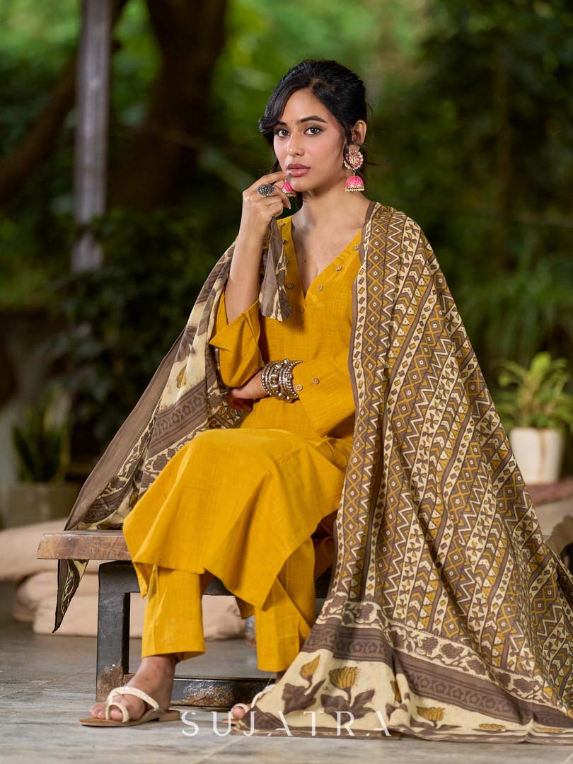 Bright Mustard Cotton Kurta with Classic V Neckline