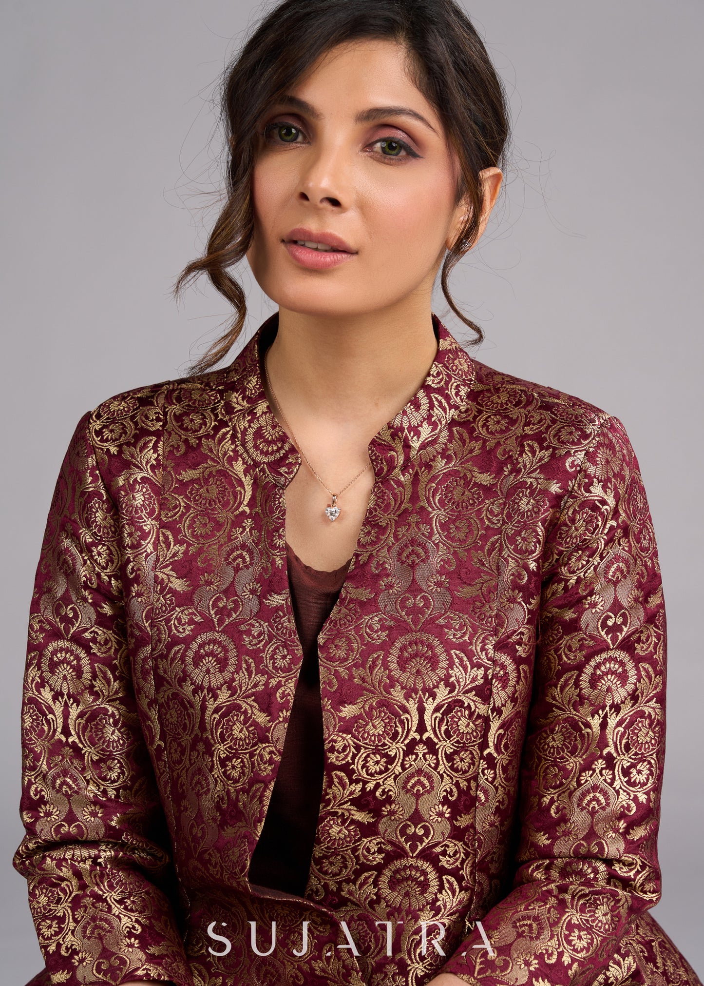 Regal Brown Brocade Peplum Blazer Jacket - Dress optional