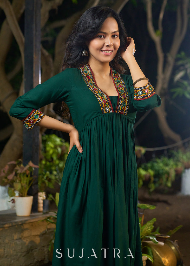 Lush Green Rayon Pleated Kurta Highlighted with Elegant Mirror Work