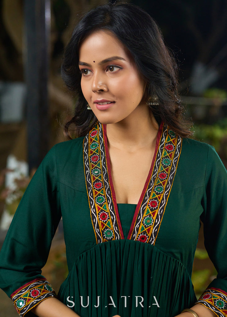 Lush Green Rayon Pleated Kurta Highlighted with Elegant Mirror Work