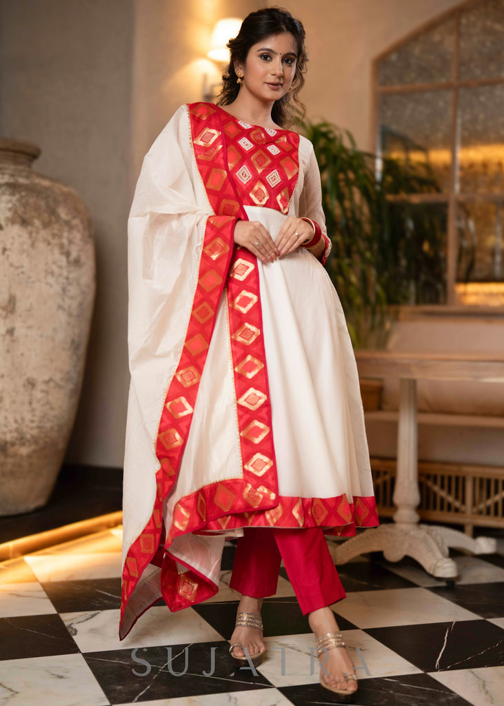 Exclusive Off White Organza Brocade Hand Embellished Flared Kurta And Pant - Dupatta Optional