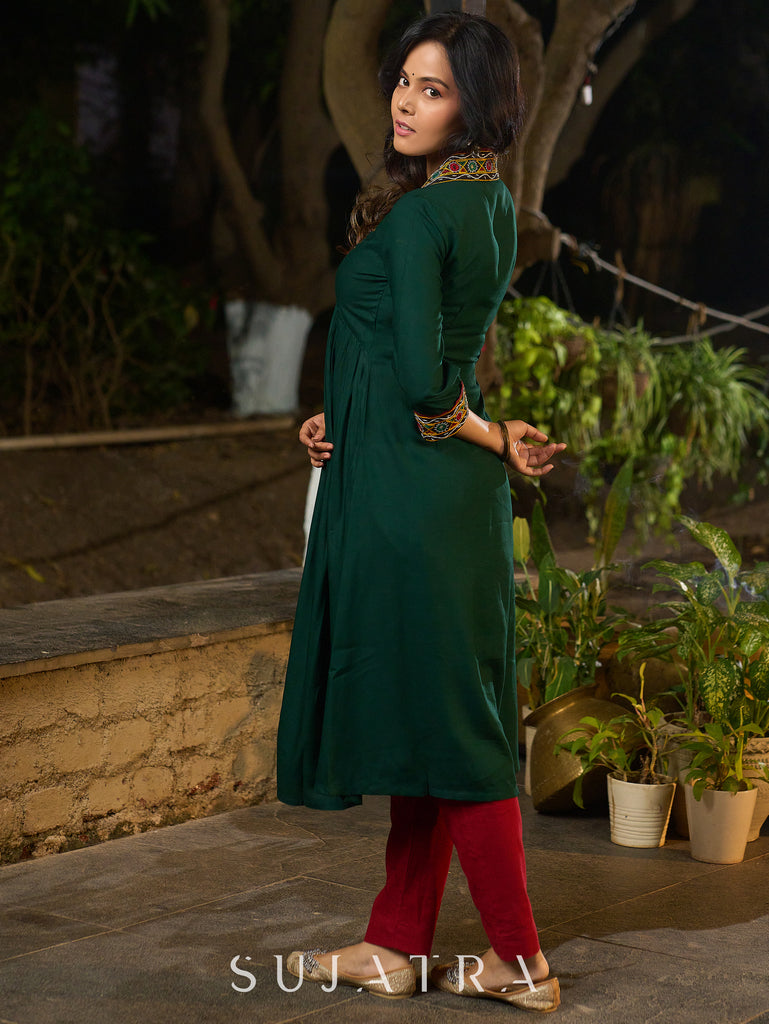 Lush Green Rayon Pleated Kurta Highlighted with Elegant Mirror Work
