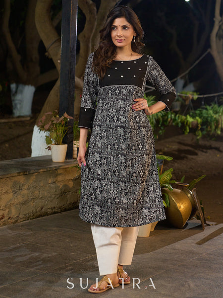 Black Artisanal Printed Kurta with Sparkling Mirror Accents