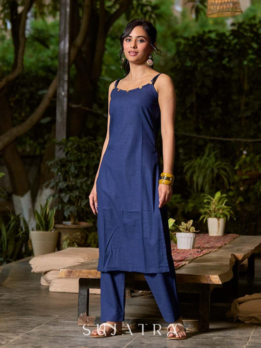 Midnight Blue Cotton Spaghetti Kurta with Adjustable Straps