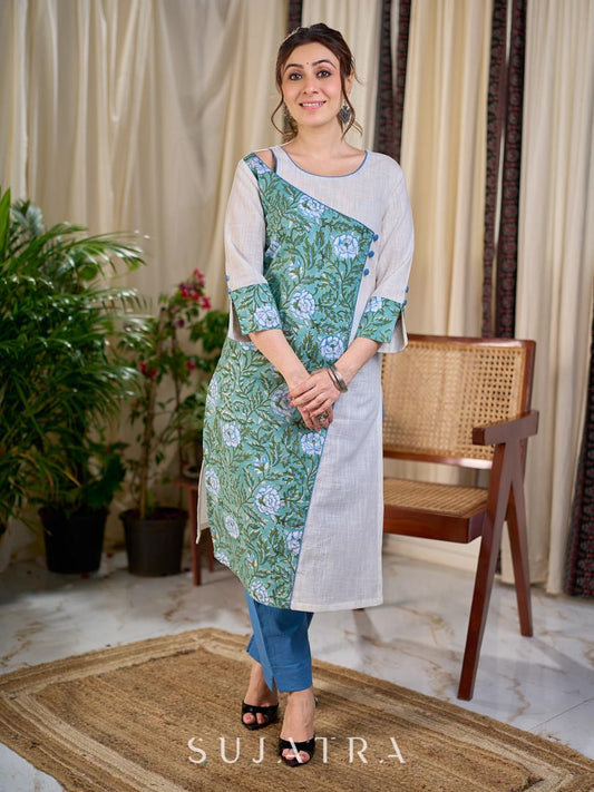 Breezy White Cotton Kurta with Green Floral Hand Block Print Asymmetric Panel and Cold Shoulder Accent