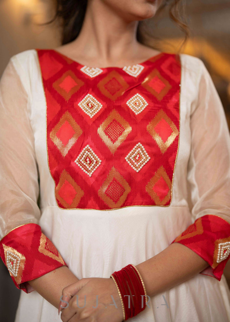 Exclusive Off White Organza Brocade Hand Embellished Flared Kurta And Pant - Dupatta Optional